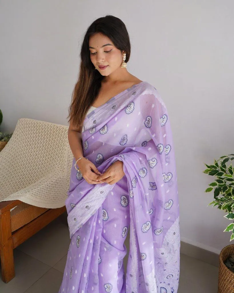 A glam Lavender Cotton Silk Saree With Effervescent Blouse Piece