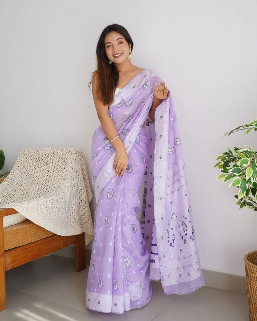 A glam Lavender Cotton Silk Saree With Effervescent Blouse Piece