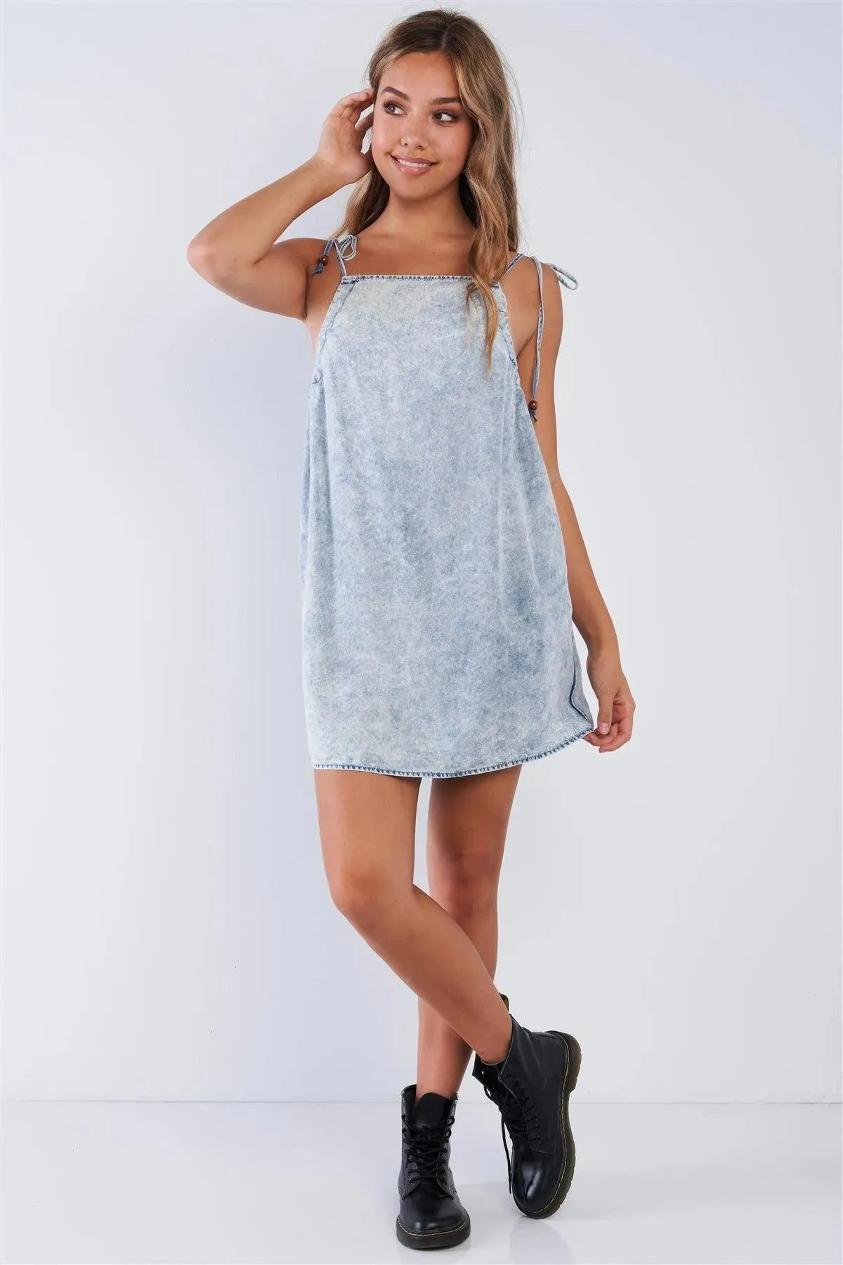 Acid Washed Denim Square Neck Mini Sun Dress