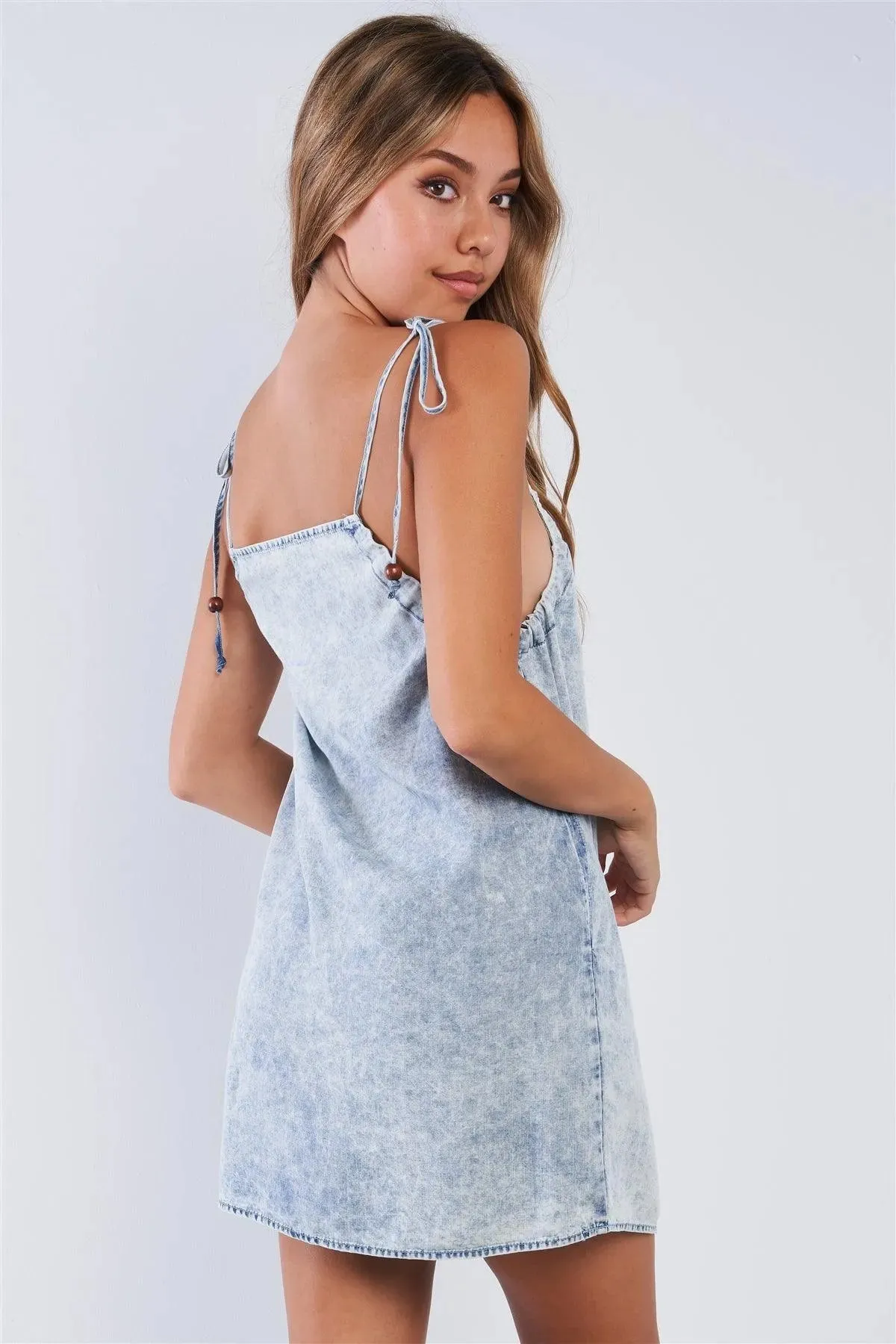 Acid Washed Denim Square Neck Mini Sun Dress