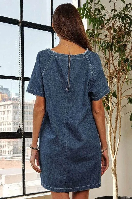 ADORA Raw Hem Mini Denim Dress with Pockets