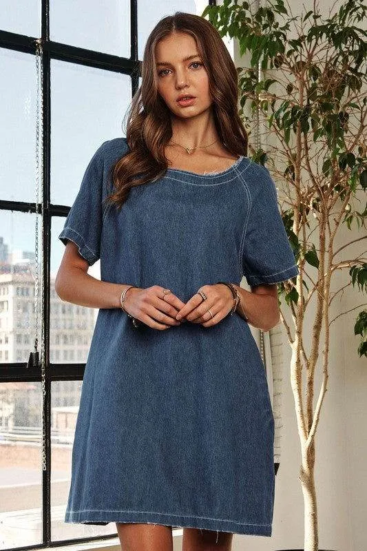 ADORA Raw Hem Mini Denim Dress with Pockets