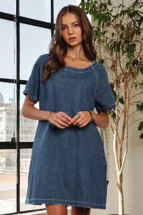 ADORA Raw Hem Mini Denim Dress with Pockets