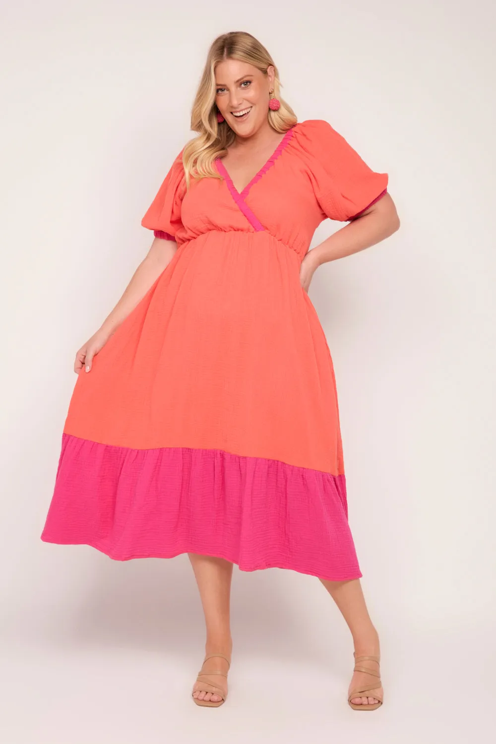 Alison Crinkle Cotton Midi Dress in Sunset