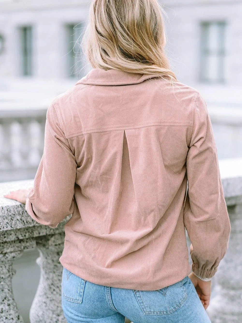 Apricot Corduroy Half Zip Kangaroo Pocket Sweatshirt