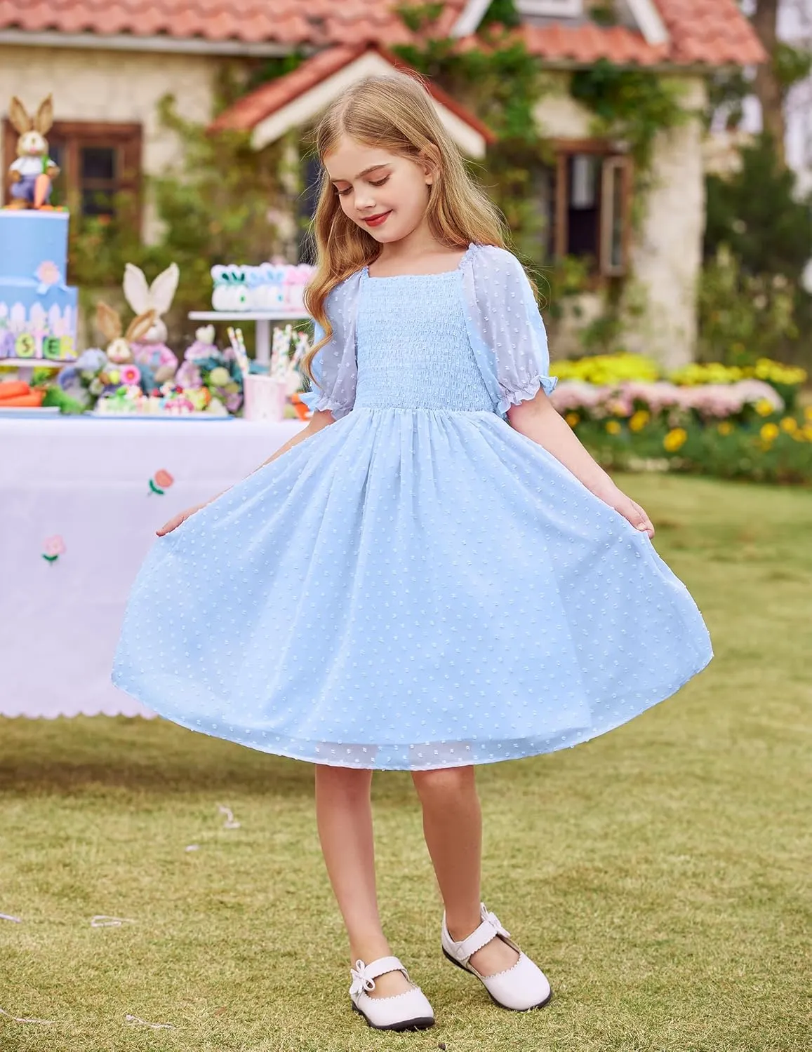 Arshiner Girls Swiss Dot Chiffon Dress Puffy Sleeve Flowy Midi Dresses