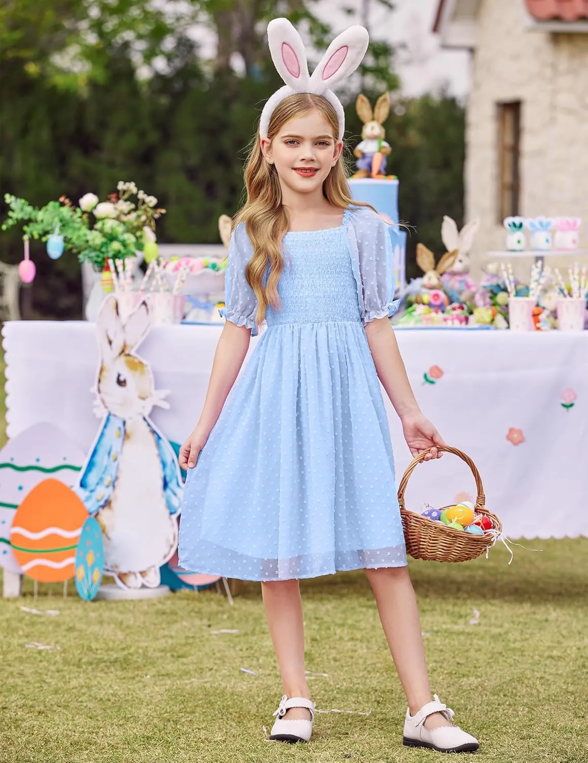 Arshiner Girls Swiss Dot Chiffon Dress Puffy Sleeve Flowy Midi Dresses