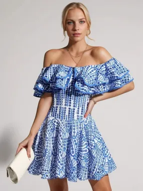 Azure Embroidery Off Shoulder Ruffled Dress