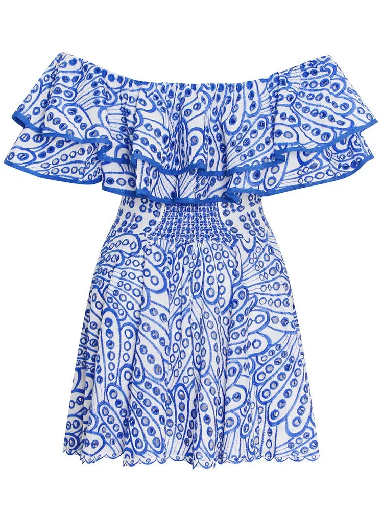 Azure Embroidery Off Shoulder Ruffled Dress