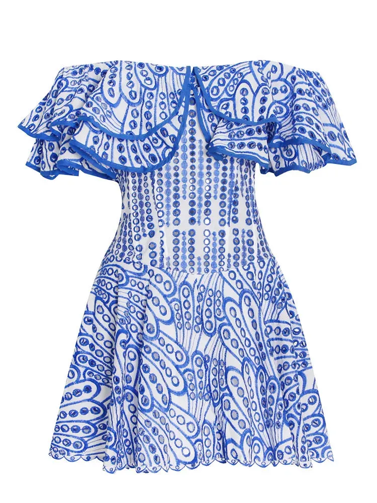 Azure Embroidery Off Shoulder Ruffled Dress