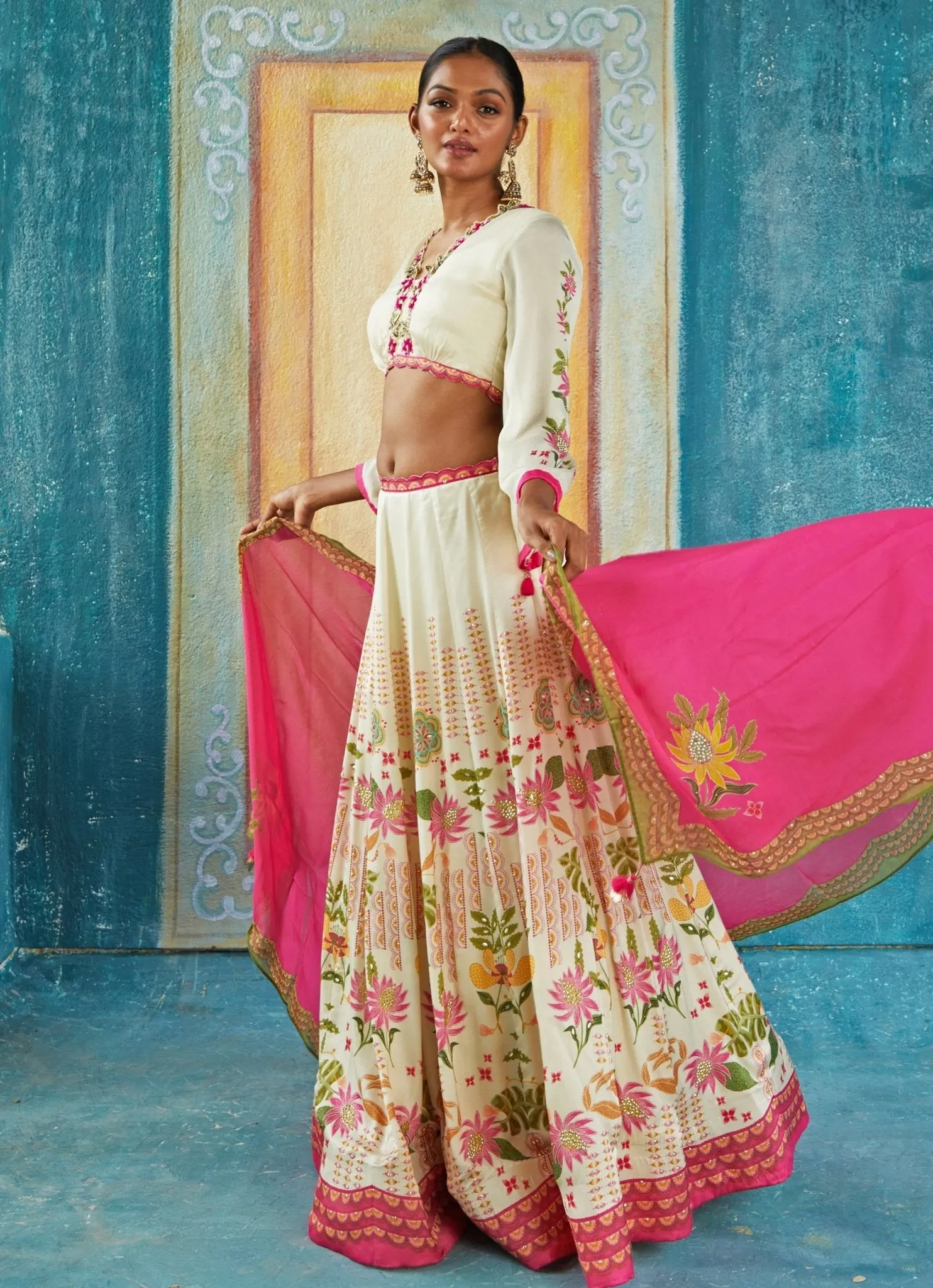 Beige And Pink Floral Printed Satin Lehenga Set