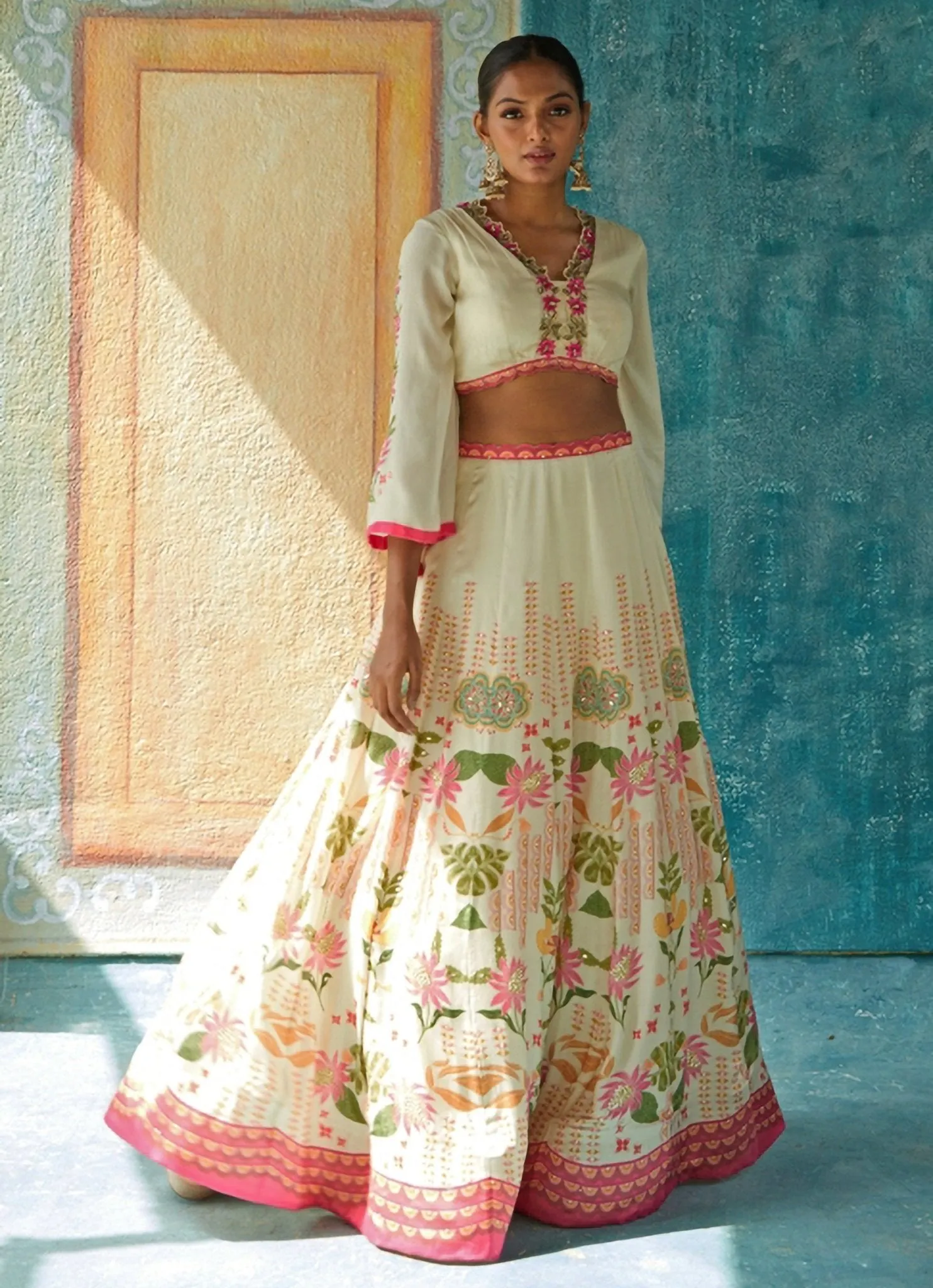 Beige And Pink Floral Printed Satin Lehenga Set