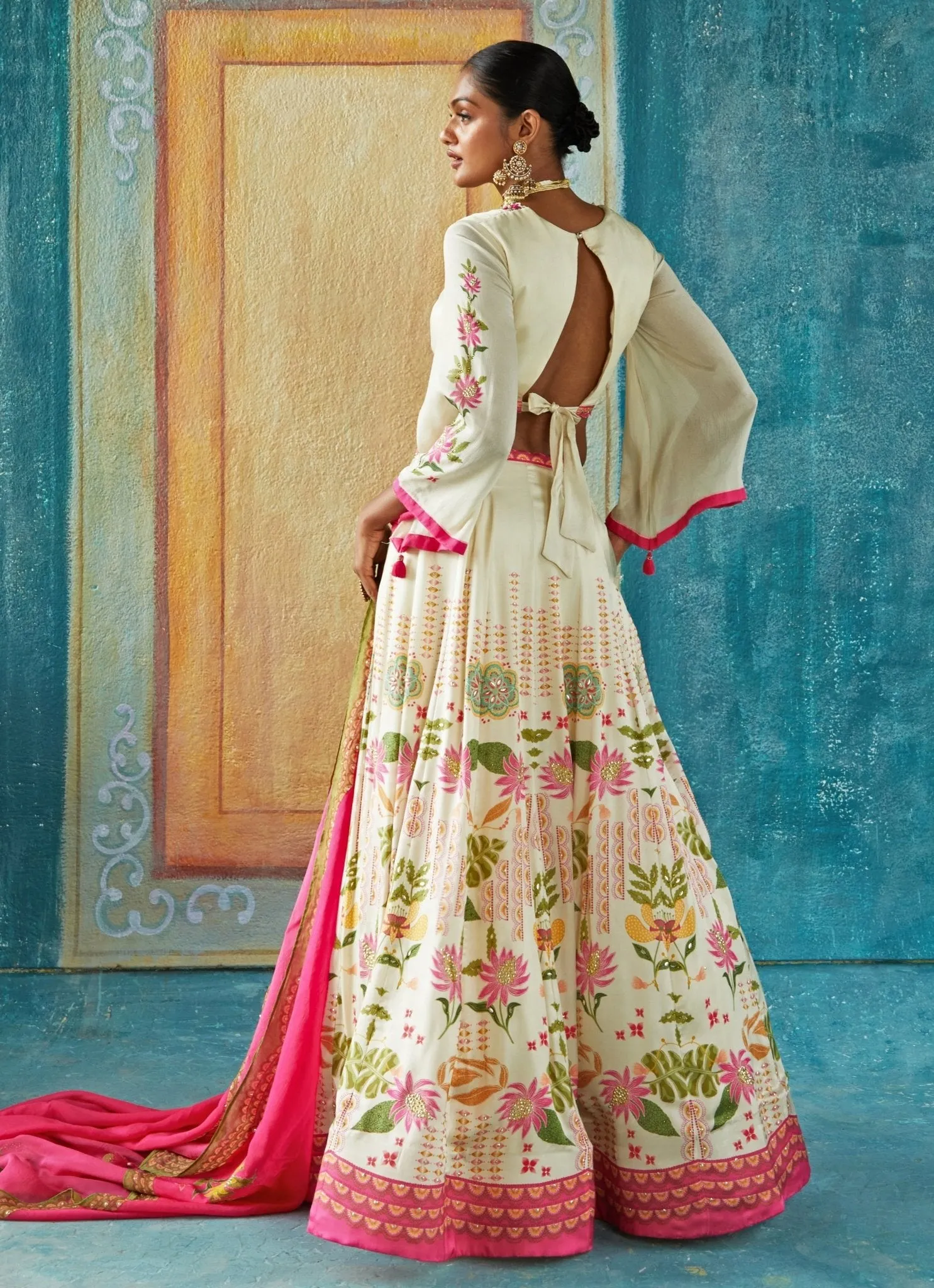 Beige And Pink Floral Printed Satin Lehenga Set