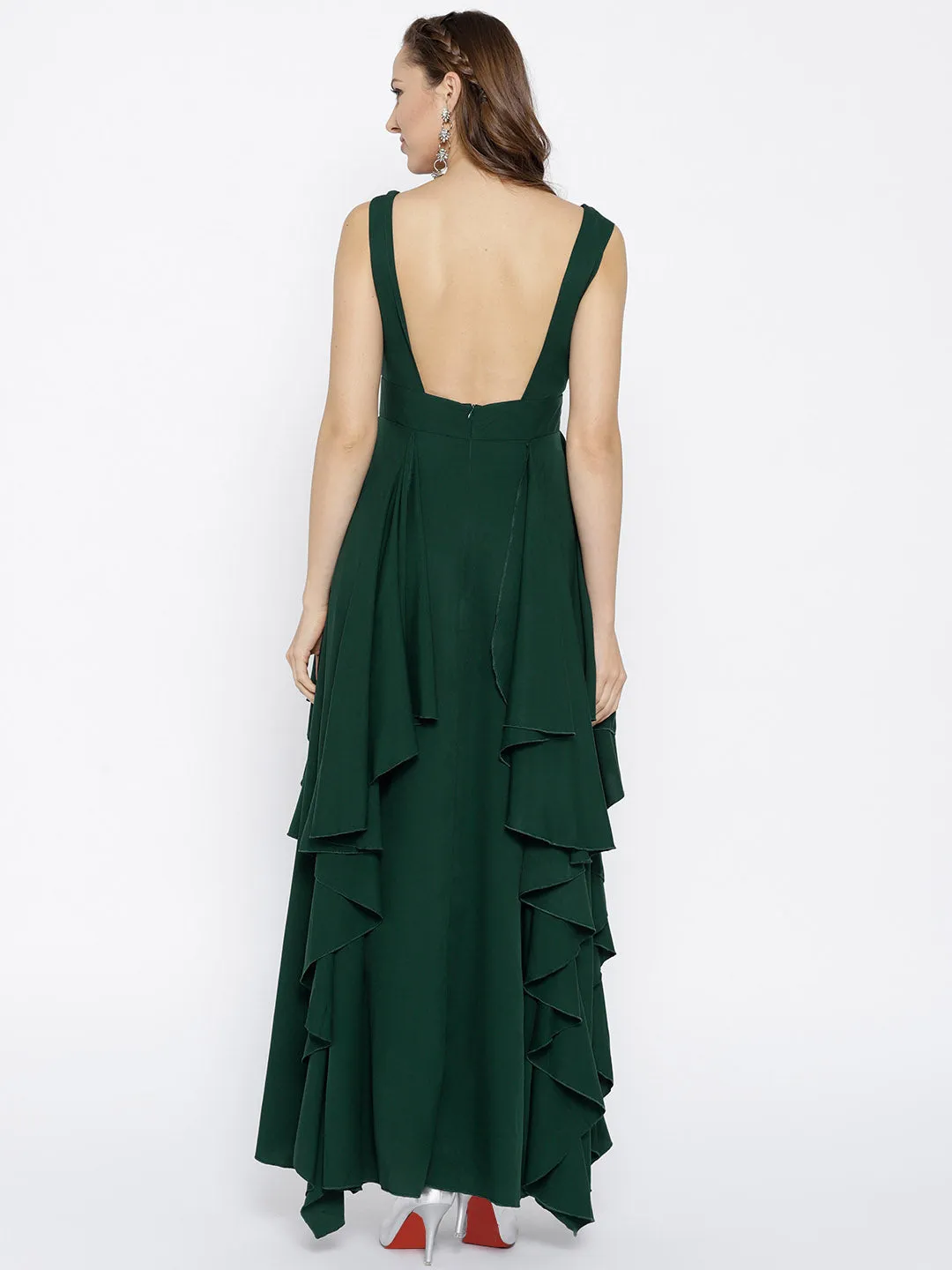 Berrylush Women Solid Green V-Neck Crepe Asymmetrical Hem Ruffled Maxi Dress