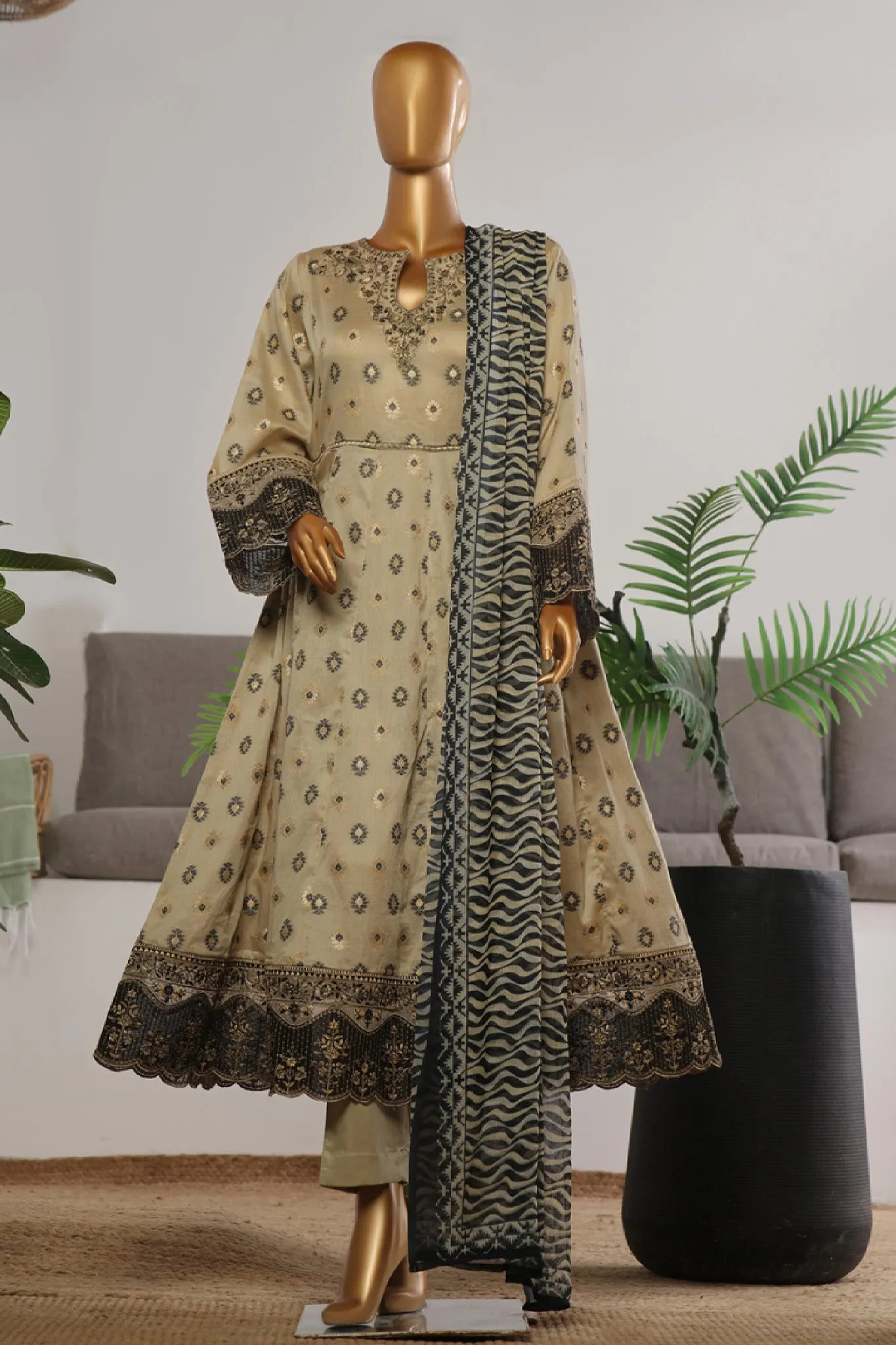 Bin Saeed Stitched 3 Piece Festive Emb Jacquard Frocks Collection'2024-BNS-1028-Beige