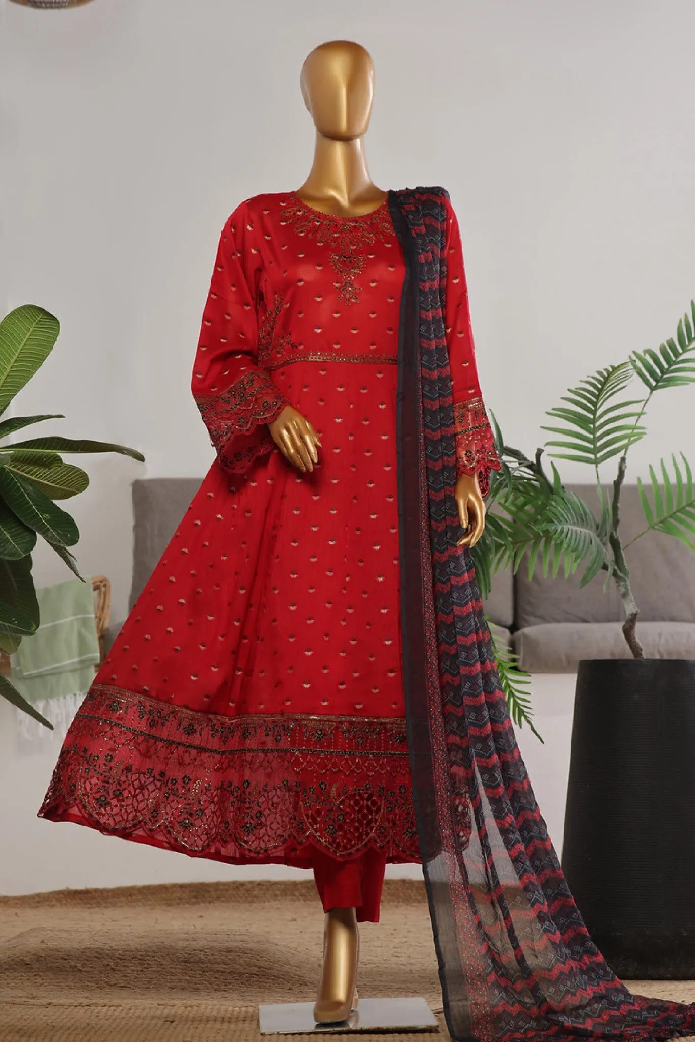 Bin Saeed Stitched 3 Piece Festive Emb Jacquard Frocks Collection'2024-BNS-1029-Red