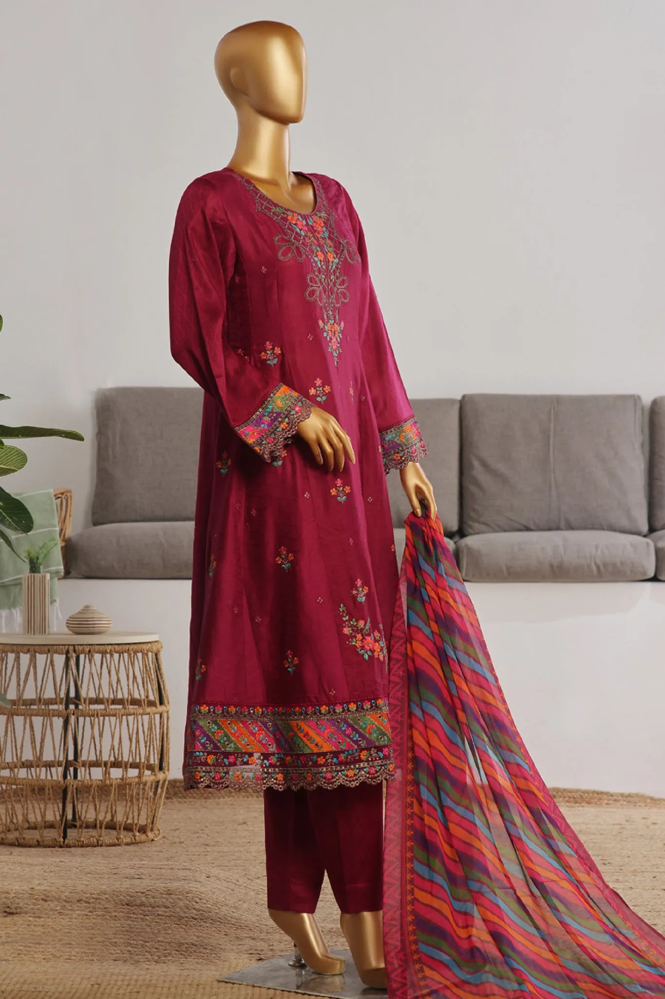 Bin Saeed Stitched 3 Piece Festive Emb Jacquard Frocks Collection'2024-BNS-1030-Dark Pink