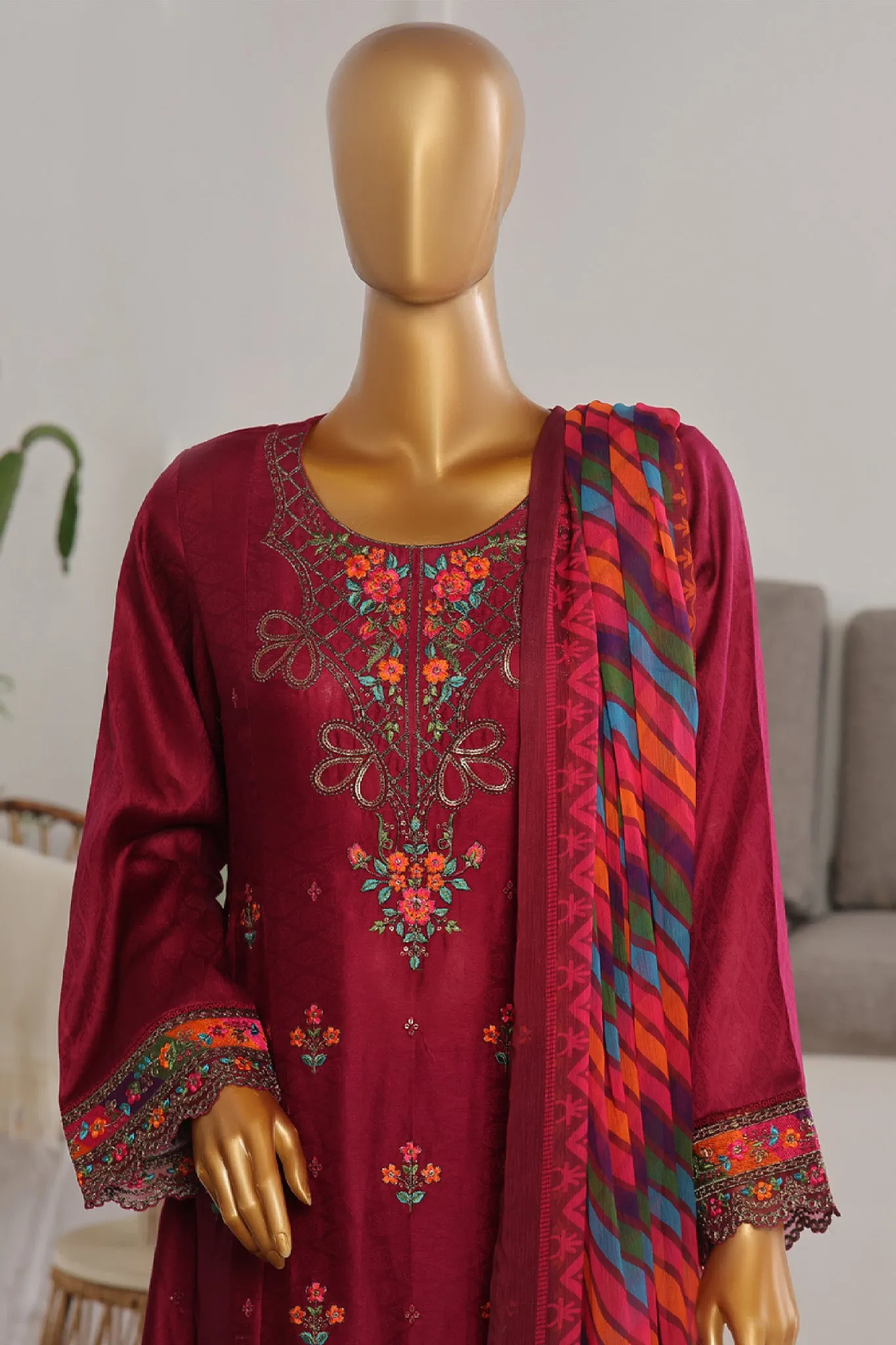 Bin Saeed Stitched 3 Piece Festive Emb Jacquard Frocks Collection'2024-BNS-1030-Dark Pink