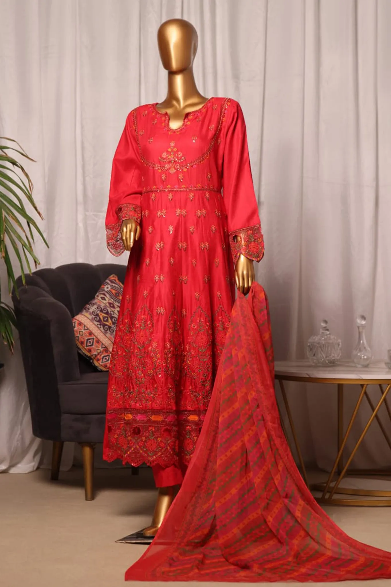 Bin Saeed Stitched 3 Piece Festive Emb Jacquard Frocks Collection'2024-BNS-1032-Red