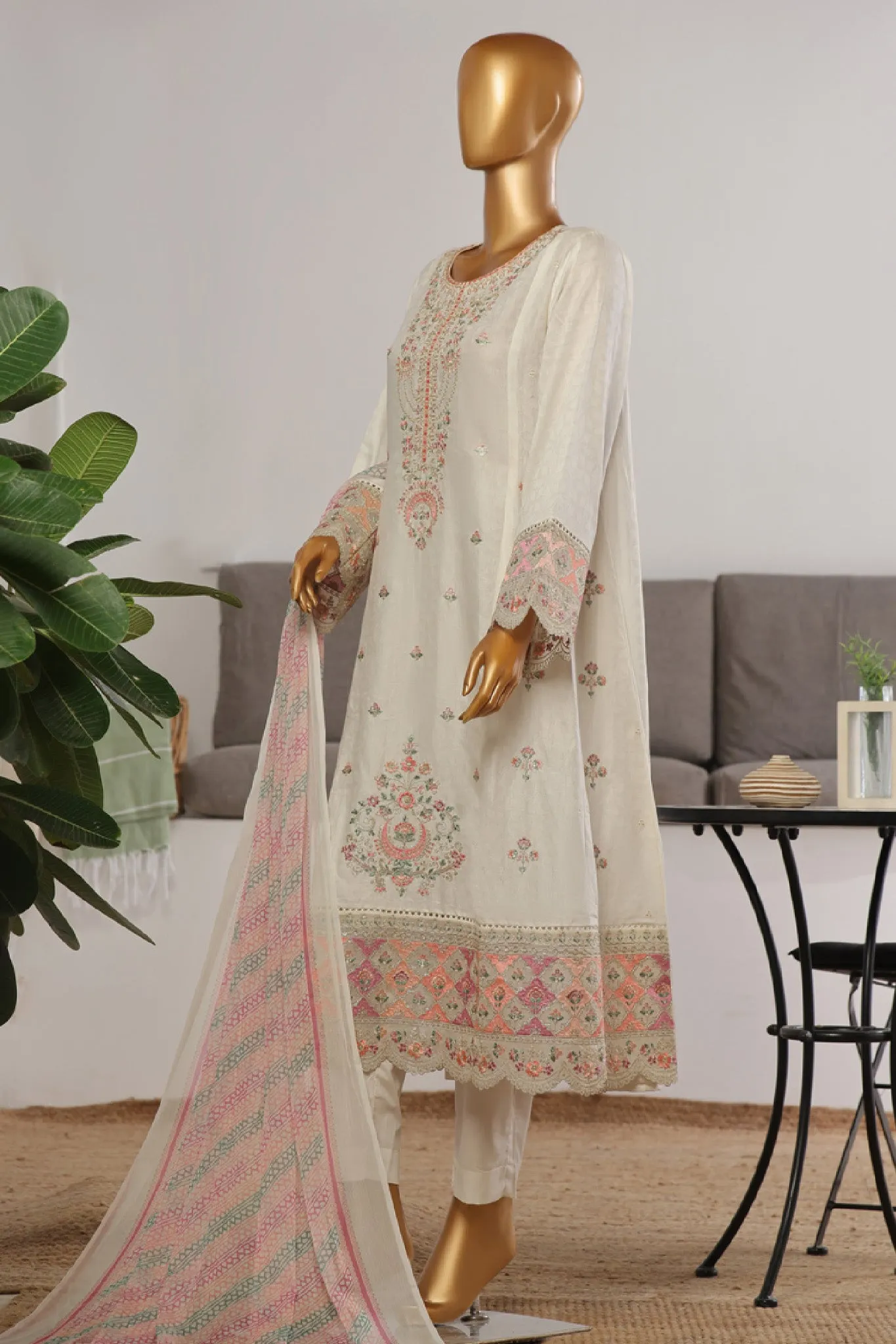 Bin Saeed Stitched 3 Piece Festive Emb Jacquard Frocks Collection'2024-BNS-1033-White