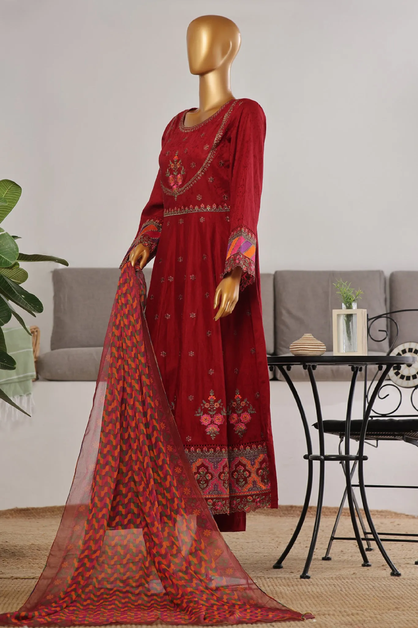 Bin Saeed Stitched 3 Piece Festive Emb Jacquard Frocks Collection'2024-BNS-1037-Maroon