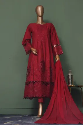 Bin Saeed Stitched 3 Piece Luxury Self Emb Cotton Frocks Collection'2024-SMK-1006-Red