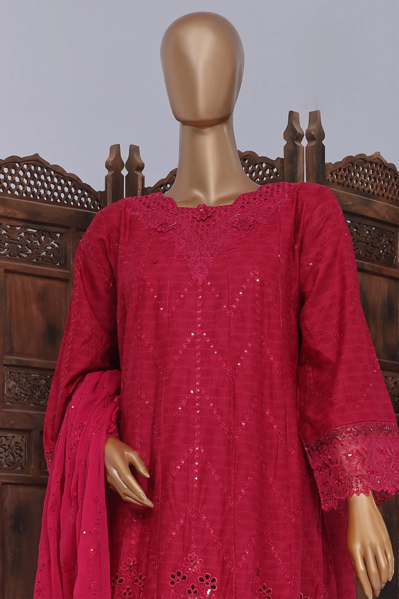 Bin Saeed Stitched 3 Piece Luxury Self Emb Cotton Frocks Collection'2024-SMK-1008-Magenta