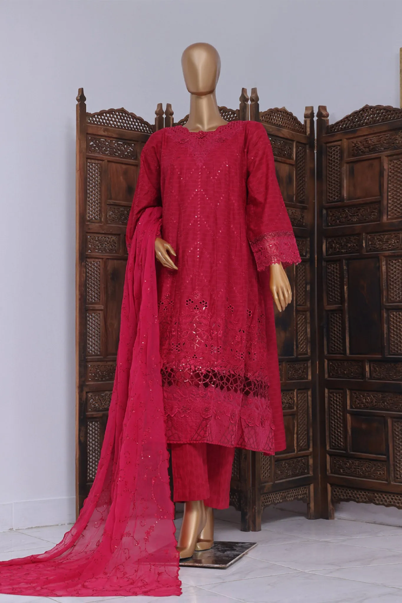 Bin Saeed Stitched 3 Piece Luxury Self Emb Cotton Frocks Collection'2024-SMK-1008-Magenta