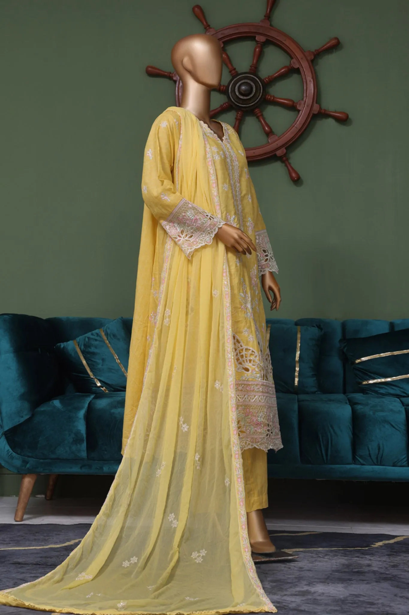 Bin Saeed Stitched 3 Piece Luxury Self Emb Cotton Frocks Collection'2024-SMK-1009-Yellow