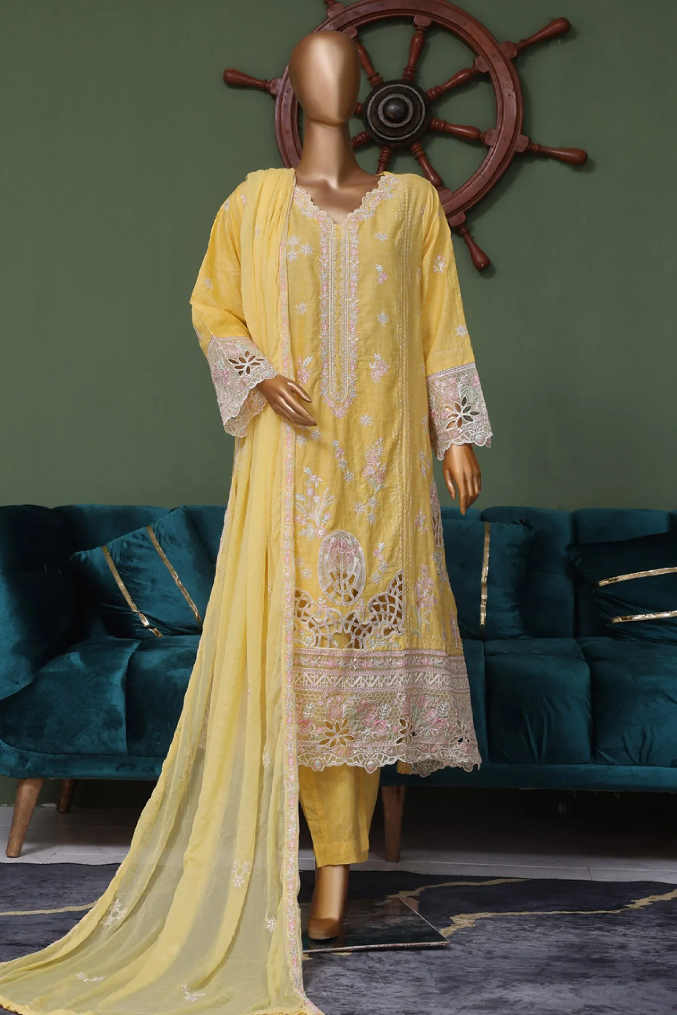 Bin Saeed Stitched 3 Piece Luxury Self Emb Cotton Frocks Collection'2024-SMK-1009-Yellow