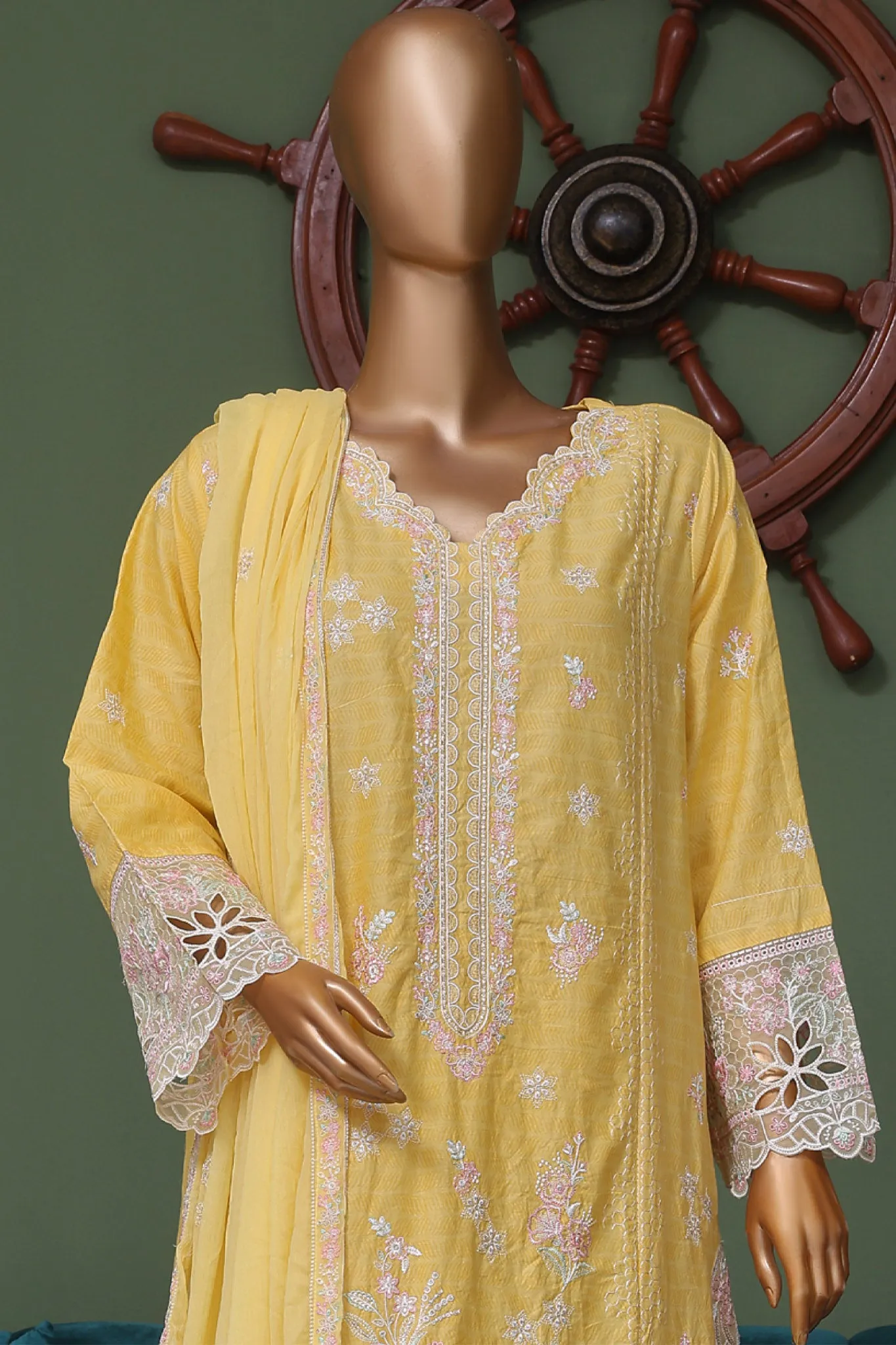 Bin Saeed Stitched 3 Piece Luxury Self Emb Cotton Frocks Collection'2024-SMK-1009-Yellow