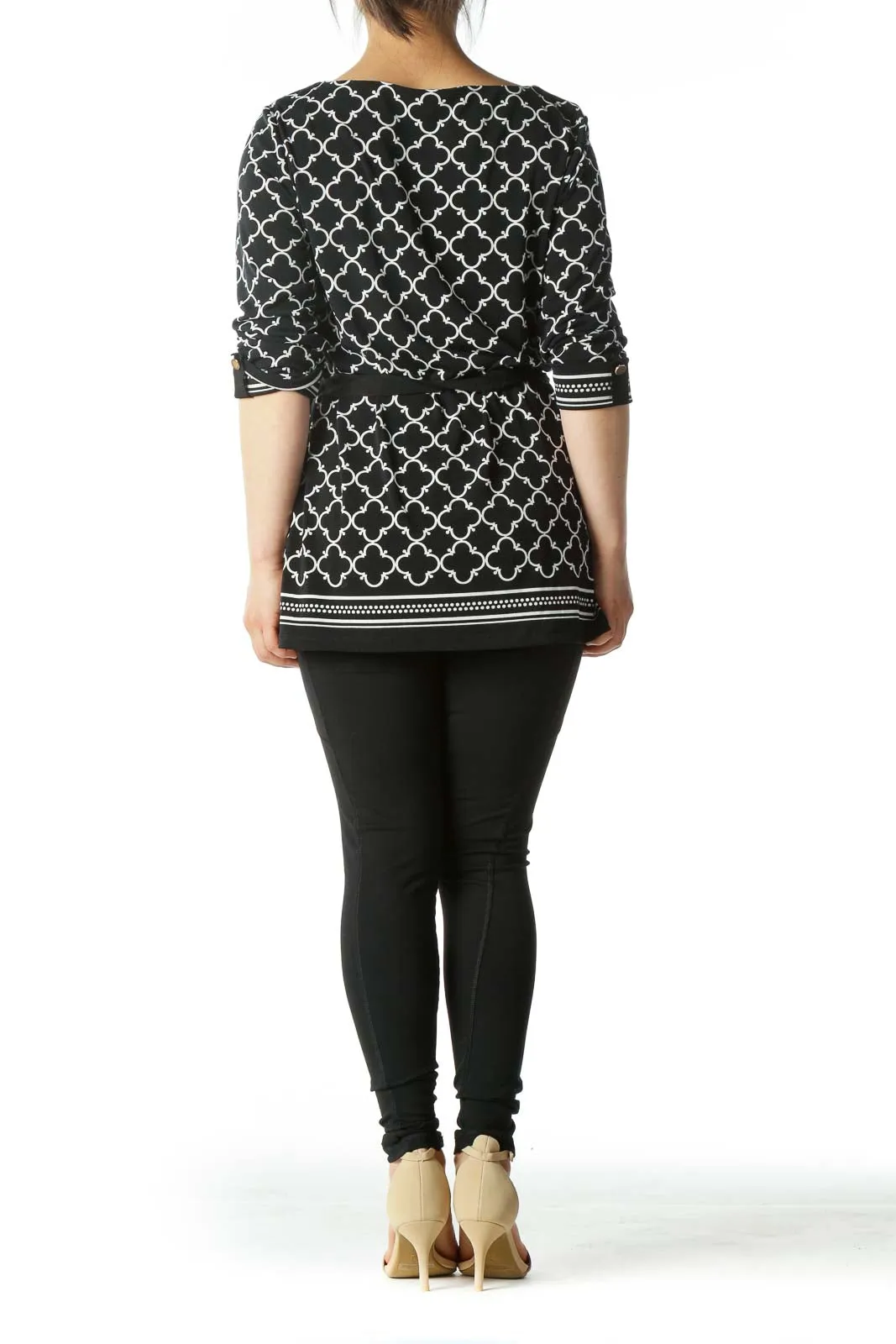 Black and White Moroccan Tile Print Tie-Waist Tunic