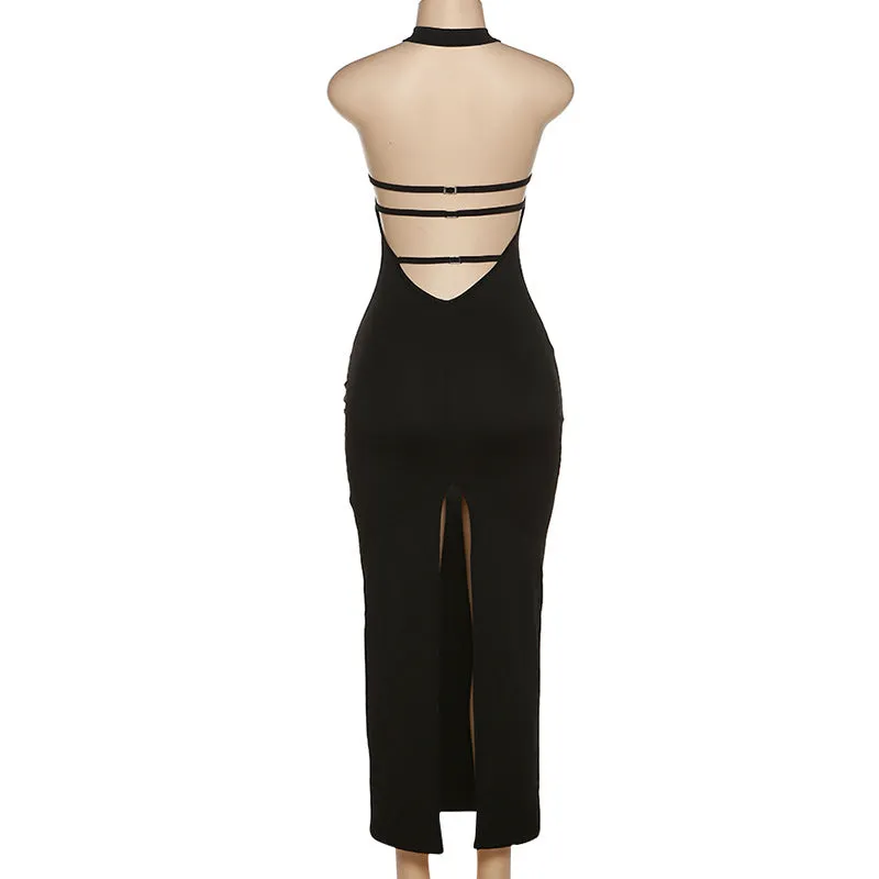 Black Halter Backless Maxi Graceful Dress With Back Straps