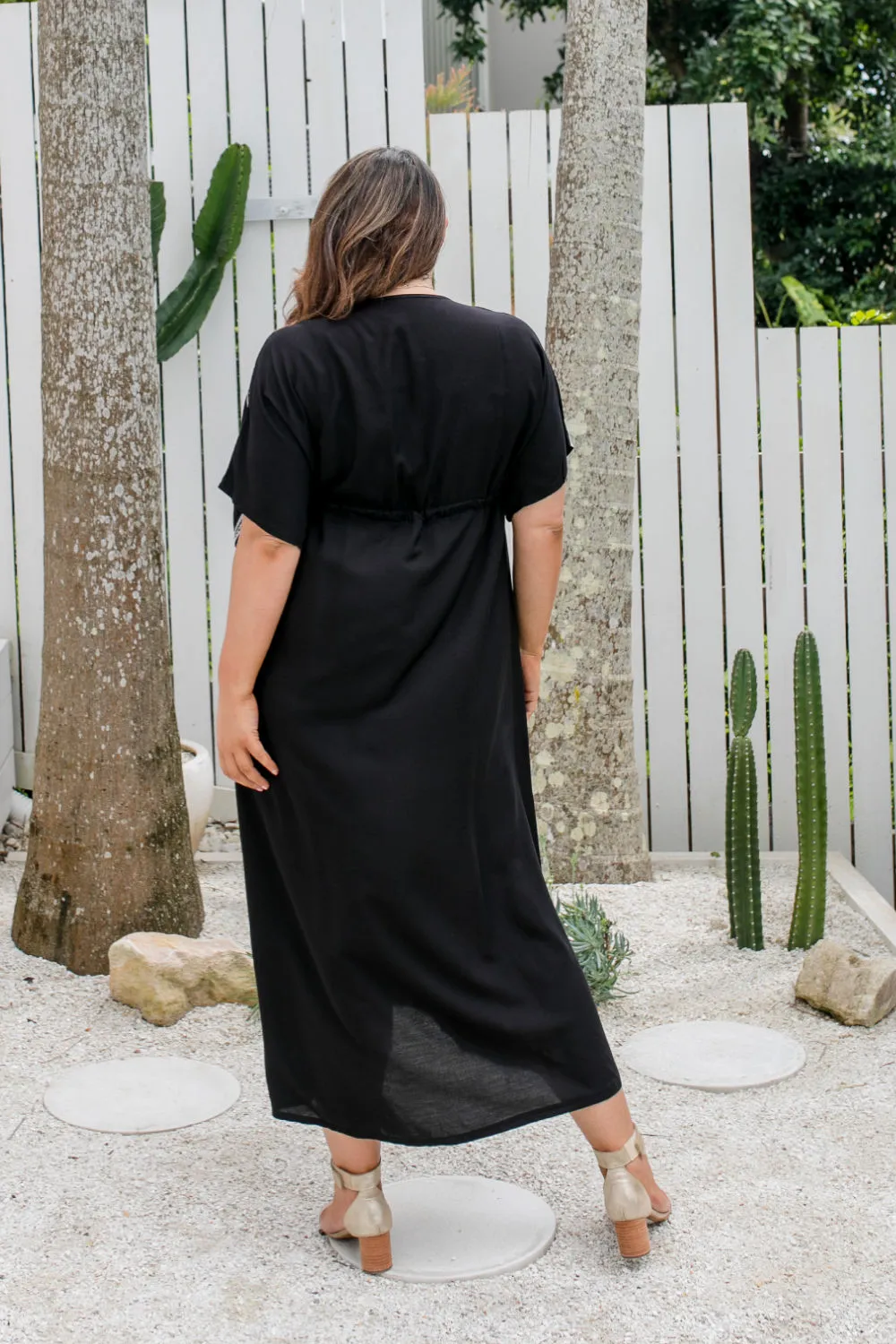 Black Kaftan Maxi Dress - White Embroidery