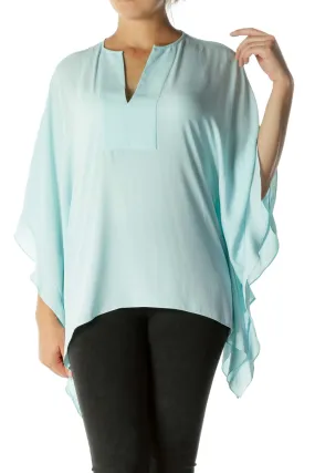 Blue Bat-Sleeve V-neck Tunic