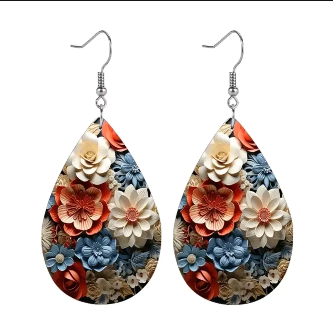 Blue Orange Pink Embossed Flower Daisy Leather Earrings Elegant Lightweight