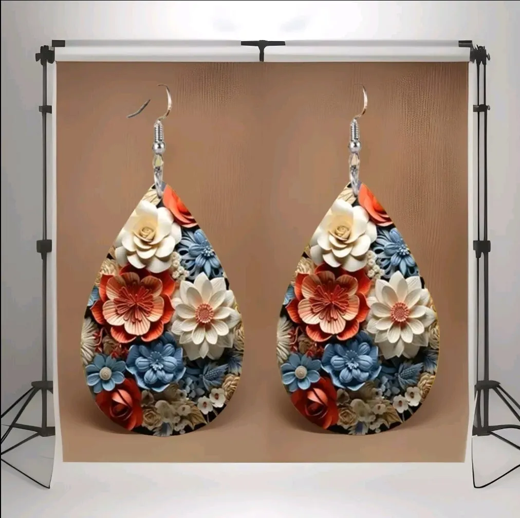 Blue Orange Pink Embossed Flower Daisy Leather Earrings Elegant Lightweight