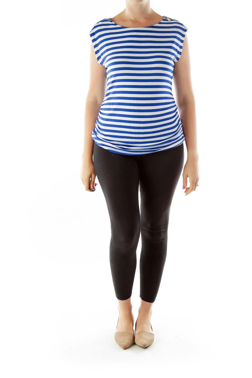 Blue White Striped Zipper Sleeve Top