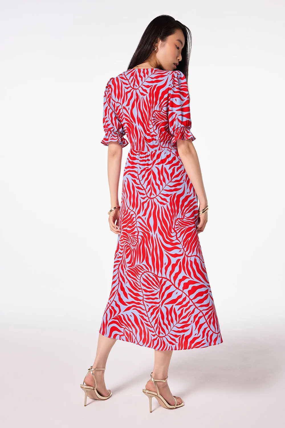 Blue with Red Palm Flute Sleeve Midi Tea Dress