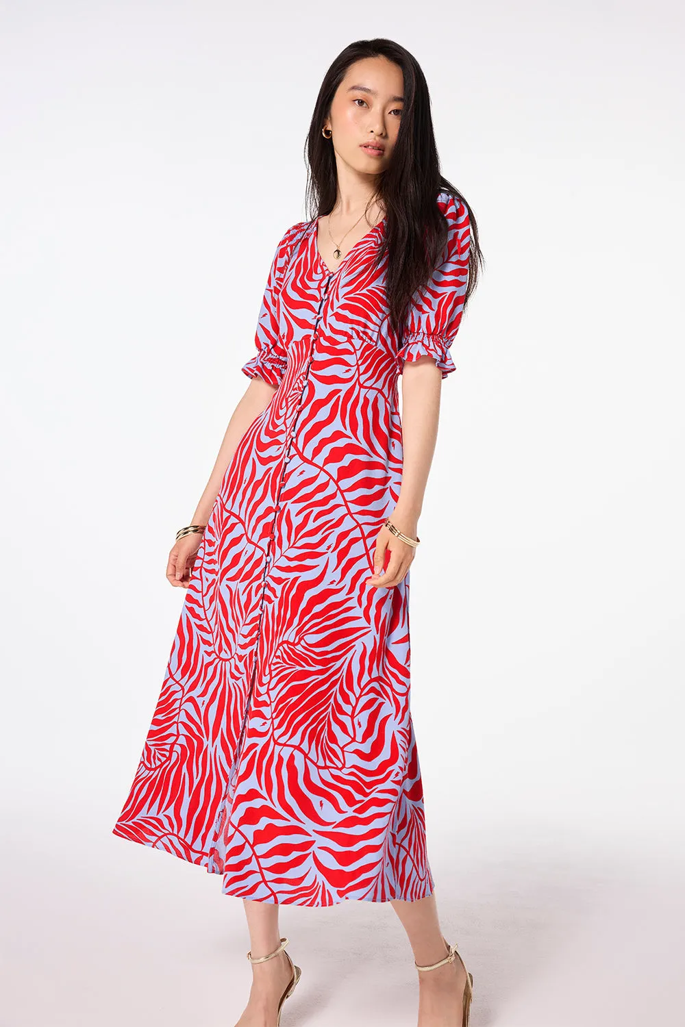 Blue with Red Palm Flute Sleeve Midi Tea Dress