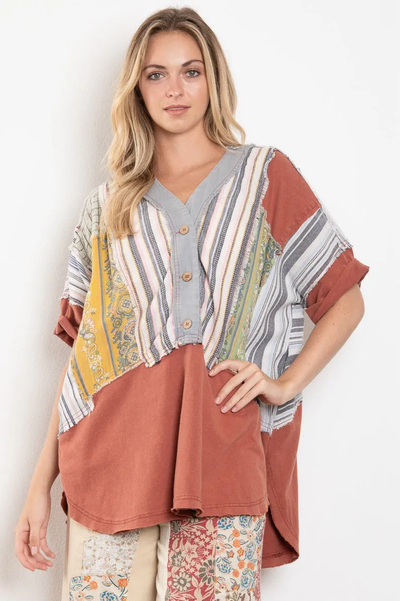 BlueVelvet Patchwork Half Button Down Tunic Top in Rust Combo