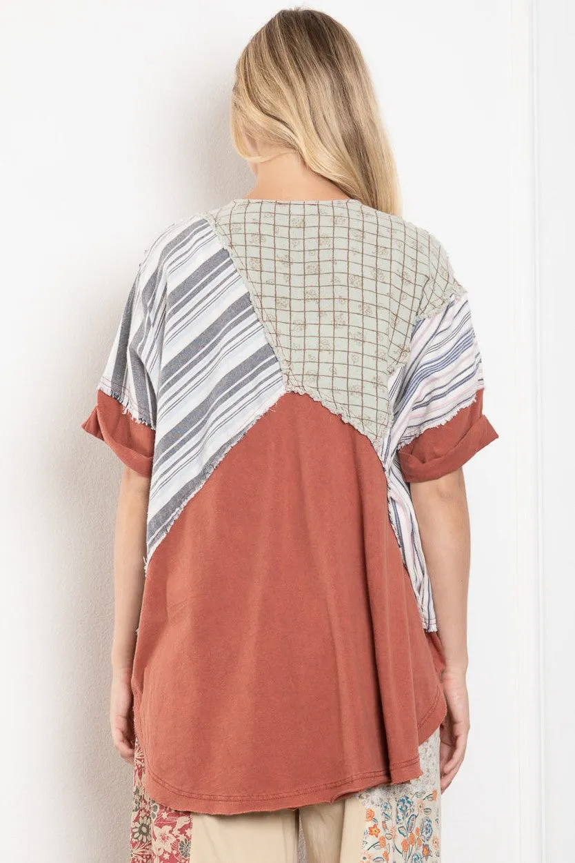 BlueVelvet Patchwork Half Button Down Tunic Top in Rust Combo