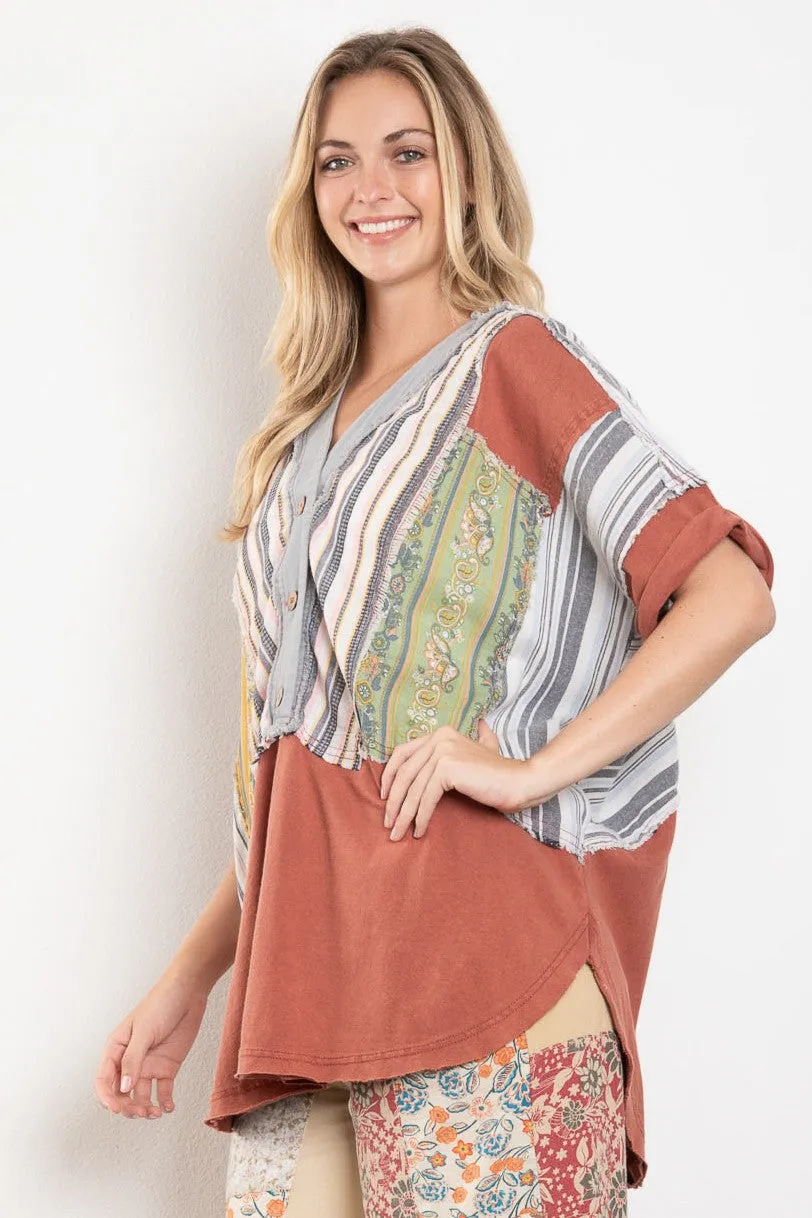 BlueVelvet Patchwork Half Button Down Tunic Top in Rust Combo