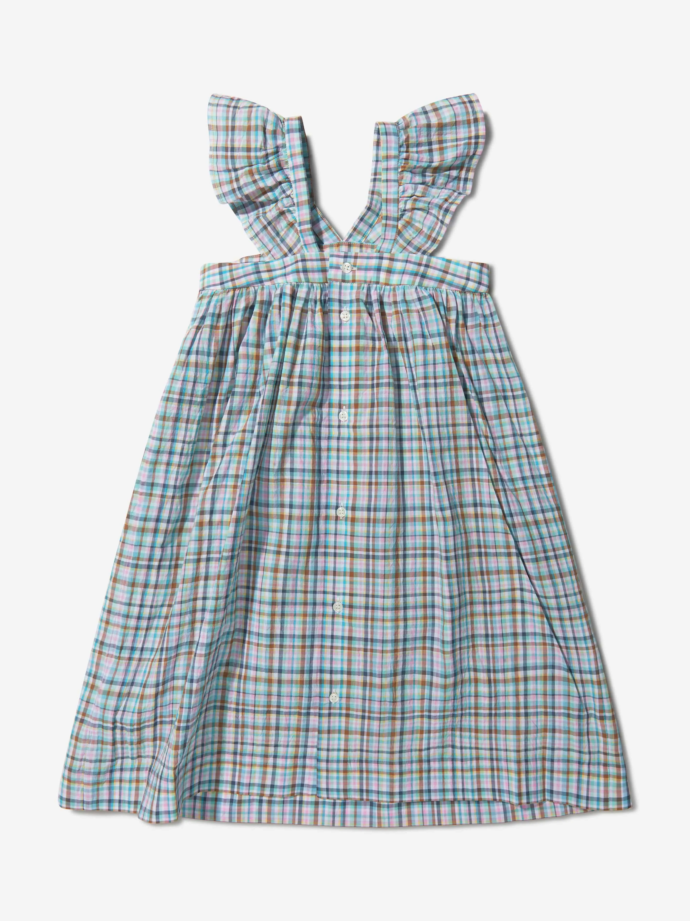 Bonpoint Girls Cotton Checked Ruffle Strap Dress