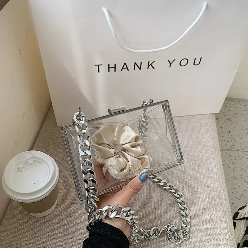 Box Shape Transparent Women's Handbag High Quality Acrylic Jelly Bag Luxury Thick Chain Tote Party Clutch Small Square Bag Purse