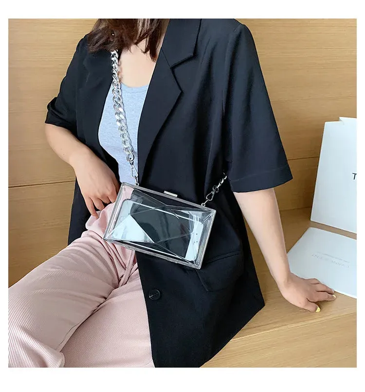 Box Shape Transparent Women's Handbag High Quality Acrylic Jelly Bag Luxury Thick Chain Tote Party Clutch Small Square Bag Purse