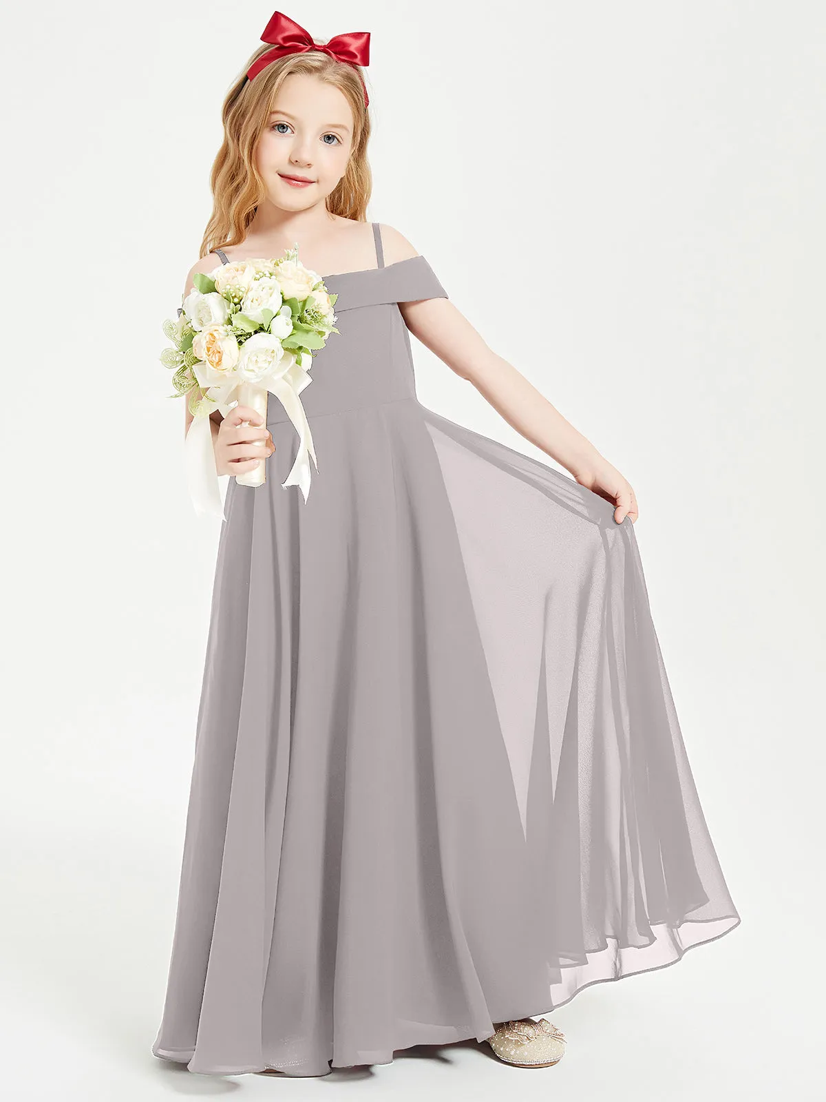 Chic Junior Bridesmaid Dresses Off the Shoulder Silver