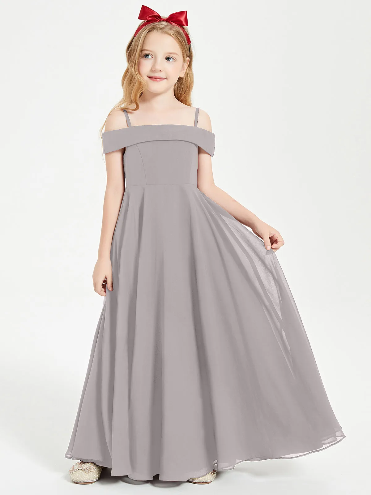 Chic Junior Bridesmaid Dresses Off the Shoulder Silver