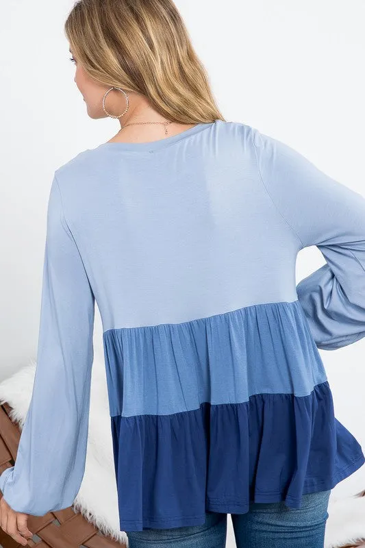 COLOR BLOCK RUFFLE TIERED SWING TOP