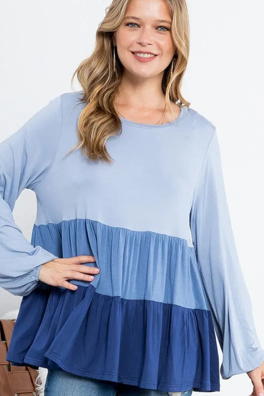 COLOR BLOCK RUFFLE TIERED SWING TOP